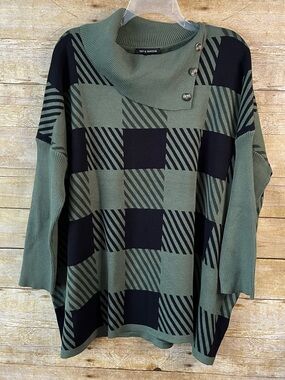 Tint & Shadow Green Black Check Knit Pullover Sweater Buttoned Funnel Neck L/XL